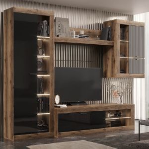 Гостиная ПРАГА №4 Дуб делано/Черный глянец