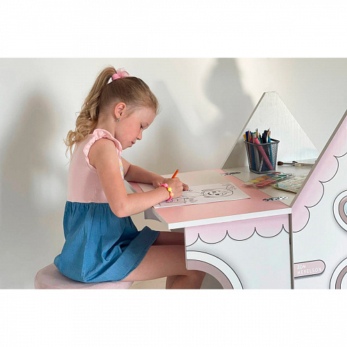 Стол Домик белое дерево/розовый