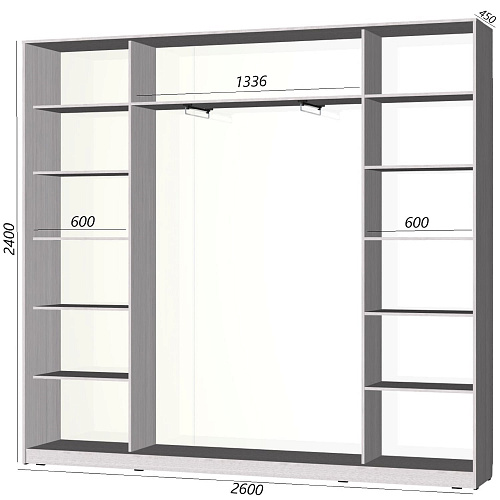 Шкаф-купе Старт 3-дверный с зеркалом и 2 ЛДСП со вставками 2600 (высота 2400, глубина 450)