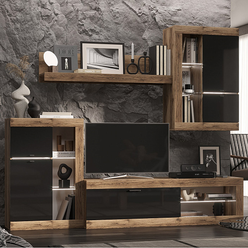 Гостиная ПРАГА №2 Дуб делано/Черный глянец