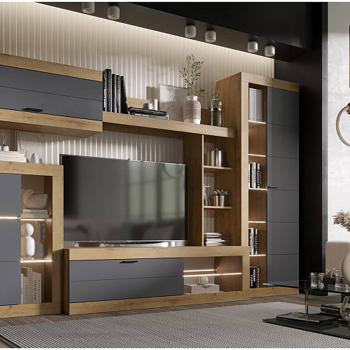 Гостиная ПРАГА №1 Дуб вотан/Графит софт