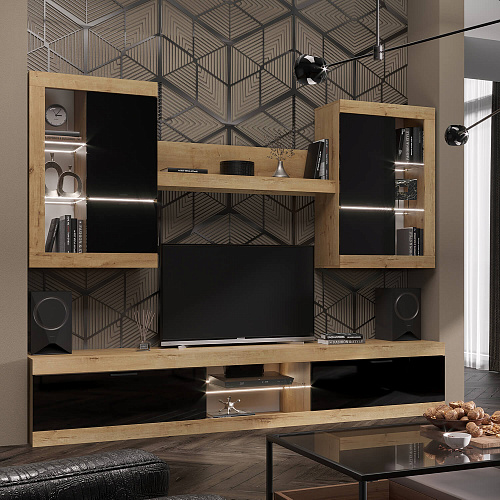 Шкаф-витрина универсальная ПРАГА Дуб Вотан/Черный глянец