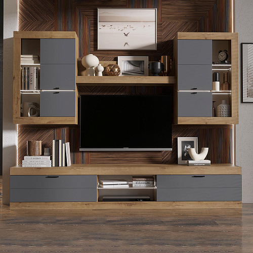 Шкаф-витрина универсальная ПРАГА Дуб Вотан/Графит софт