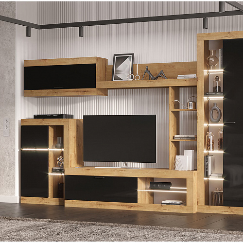 Гостиная ПРАГА №1 Дуб вотан/Черный глянец