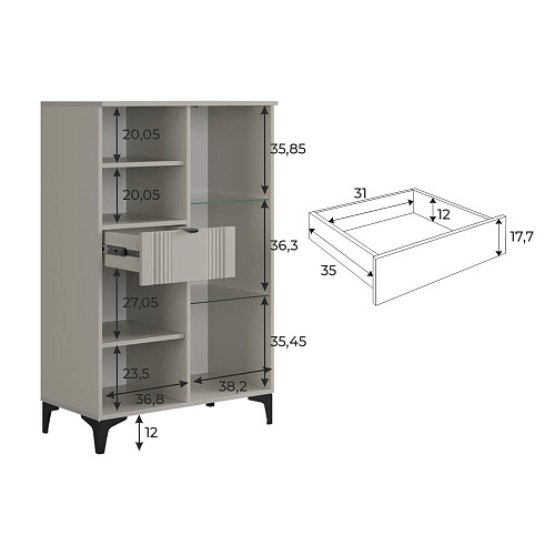 Комод Рич 2 со стеклом кашемир/фрапучино матовый/черный