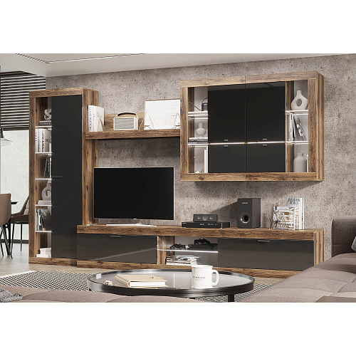 Гостиная ПРАГА №5 Дуб делано/Черный глянец