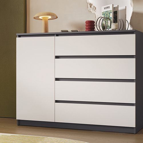 Комод ВЕГА Люкс 1Д-4Я Графит/Белый гладкий