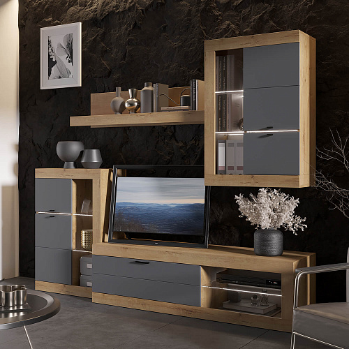 Шкаф-витрина универсальная ПРАГА Дуб Вотан/Графит софт