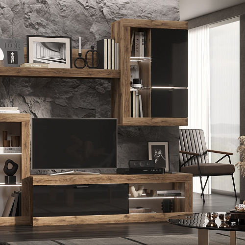 Шкаф-витрина универсальная ПРАГА Дуб делано/Черный графит