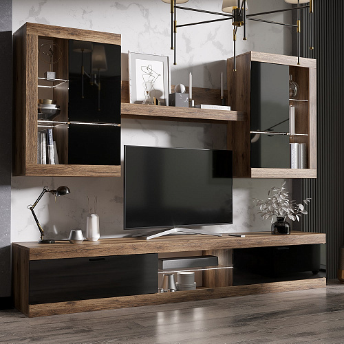 Гостиная ПРАГА №3 Дуб делано/Черный глянец