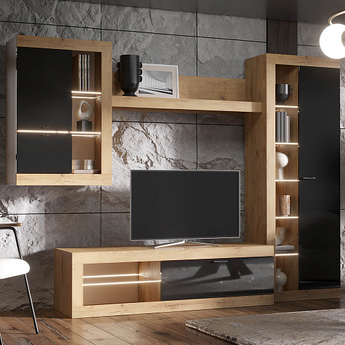 Гостиная ПРАГА №4 Дуб вотан/Черный глянец