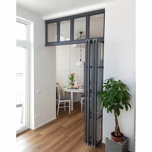 Раздвижные перегородки в проем складные с фрамугой 1500х2700 черный/стекло прозрачное