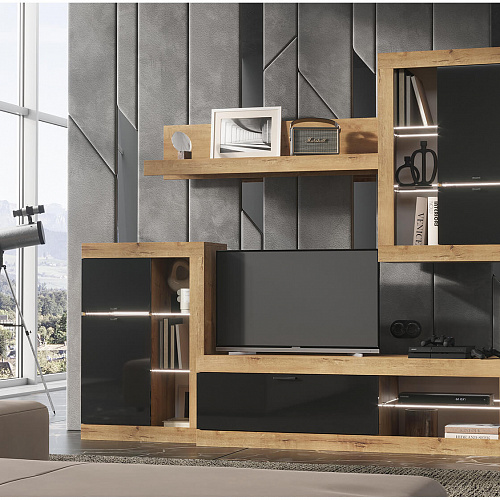 Гостиная ПРАГА №2 Дуб вотан/Черный глянец