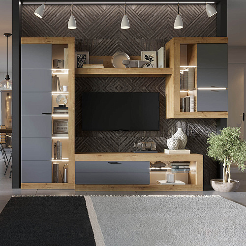 Шкаф-витрина универсальная ПРАГА Дуб Вотан/Графит софт