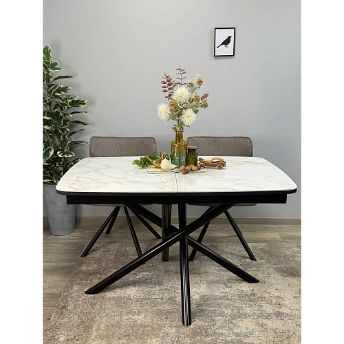 Стол обеденный Kenner DF1250 черный/керамика мрамор белый глянец