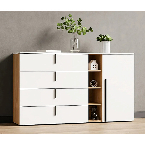 Комод Ренн 4 ящика 1 дверь Дуб светлый/ Белый Аляска WML