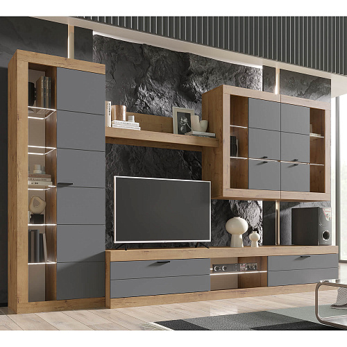 Шкаф-витрина универсальная ПРАГА Дуб Вотан/Графит софт