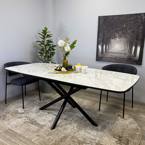 Стол обеденный Kenner DF1550 черный/керамика мрамор белый глянец