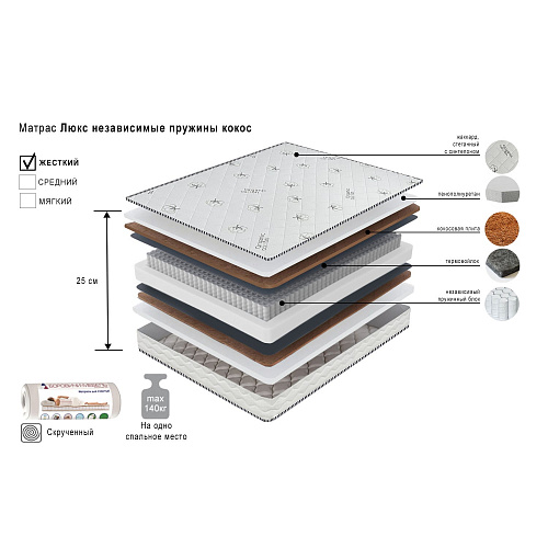 Матрас Люкс Независимые пружины с Кокосом 180х200