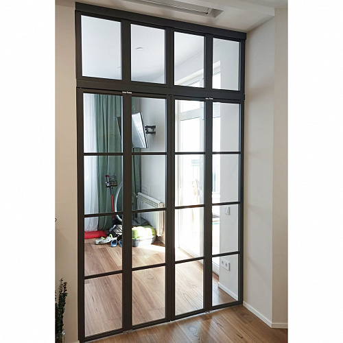 Раздвижные перегородки в проем складные с фрамугой 1500х2700 черный/стекло прозрачное