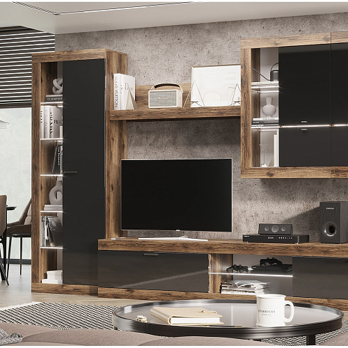 Шкаф-витрина универсальная ПРАГА Дуб делано/Черный графит