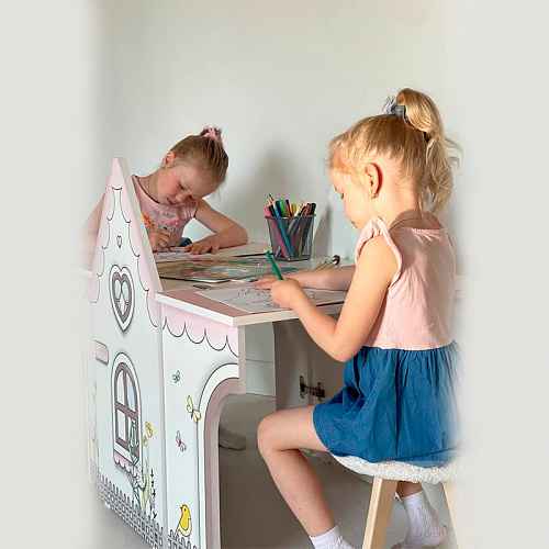 Стол Домик белое дерево/розовый